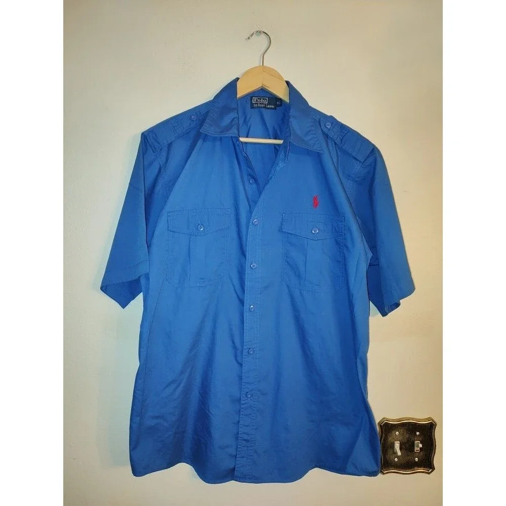 Men's Polo Ralph Lauren Lightweight Blue Cotton Red Logo Shirt Size XL